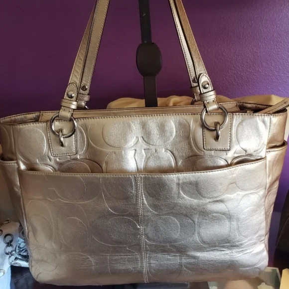 Coach Gold Metallic Monogram Embossed Shoulder Tote - Picture 3 of 15